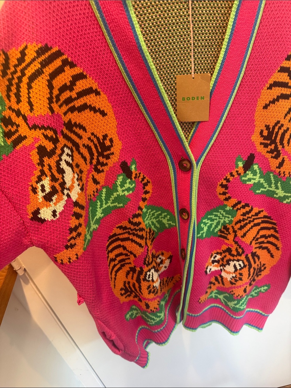 Boden Hot Pink Tiger-Print Knit Cardigan with Green & Orange Accents - Picture 4 of 5